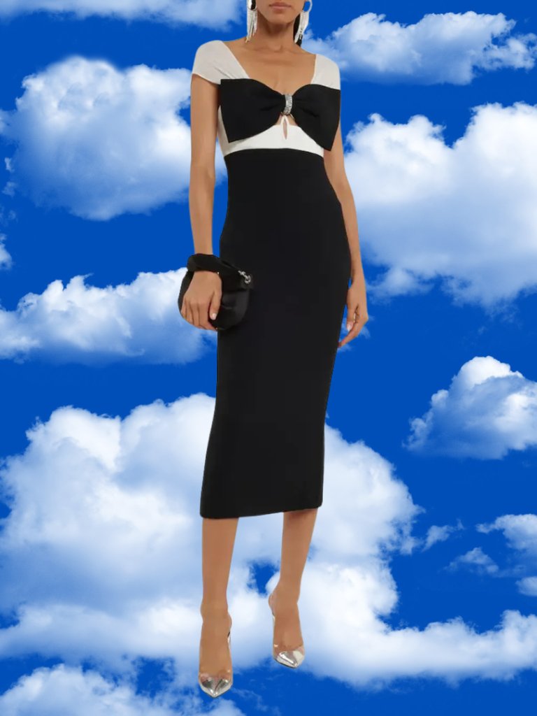 Self-Portrait Crepe Crystal Bow Midi Dress Black/White Size Us 0 Nwt Msrp $595